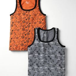 Bodycare Cotton Knit Sleeveless Vests With Baseball & Tropical Theme Print Pack Of 2 - Grey & Orange-image-58