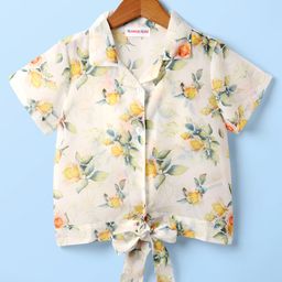 Kookie Kids Woven Half Sleeves Collared Top with Knot & Floral Print - White-image-37