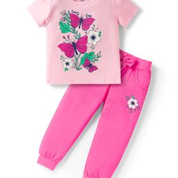 Doodle Poodle 100% Cotton Knit Half Sleeves T-Shirt & Lounge Pant Set With Floral & Butterfly Print - Pink-image-94