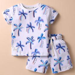 Ollypop Sinker Knit Half Sleeves T-Shirt and Shorts Set With Palm Tree Print - White-image-62
