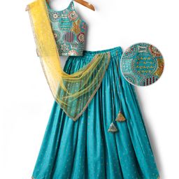 Pine Kids Woven Sleeveless Embroidered Choli & Floral Foil Printed Lehenga With Dupatta - Teal Blue & Yellow-image-59