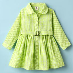 ToffyHouse 100% Cotton Woven Yarn Dyed Checks Collar Neck Full Sleeves Frock with Belt Detailing - Light Green-picture-25
