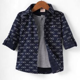 Rikidoos Full Sleeves Specks Printed Shirt With Attached Tee - Navy Blue & Grey-image-93
