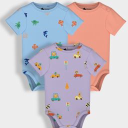 Orange Sugar 100% Cotton Knit Pack Of 3 Half Sleeves Cars & Sea Life Printed Onesies - Multi Colour-picture-32