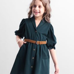 Hola Bonita Knit Half Sleeves Solid Shawl Collar Shirt Dress With Belt - Dark Green-image-4