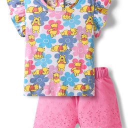 Babyhug Disney Single Jersey Knit Frill Sleeves Top and Shorts with Winnie the Pooh & Floral Print - Pink & Light Blue-image-20