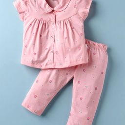 Teddy Sinker Knit Half Sleeves Co-ords Night Suit with Floral Print - Pink-image-59