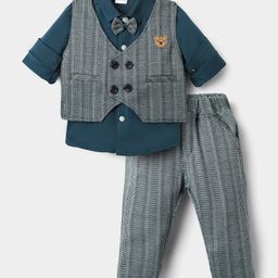 Mini Taurus Sinker Knit Full Sleeves 3 Piece Party Suit With Patch Detailing & Bow Applique - Grey-image-96