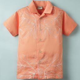 Dapper Dudes Half Sleeves Leaves Embroidered Shirt - Orange-image-89