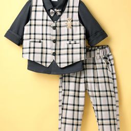 Mini Taurus 100% Cotton Full Sleeves 3 Piece Party Wear With Checks Design & Bow Applique - Charcoal Grey-picture-44