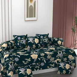 AMRANGE Teal & White 8 Pcs Floral Printed Bedsheet with Bolster and Cushion Covers-42