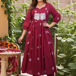 GoSriKi Bandhani Printed Thread Work Sweetheart Neck Anarkali Kurta With Trousers-8