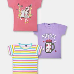 Here&Now X Game Begins Girls Pack of 3 Printed Pure Cotton T-shirts-image-77