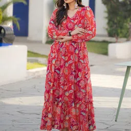 Masakali.Co Women Floral Printed V-Neck Pure Georgette Fit & Flare Maxi Dress-picture-37