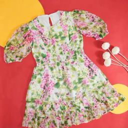 Pantaloons Junior Green & Pink Cotton Floral Print Dress-picture-17