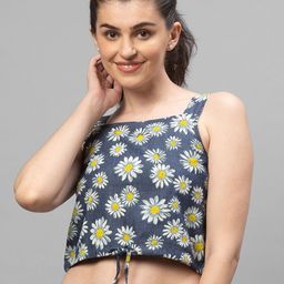Globus Blue Floral Print Denim Crop Top-image-57