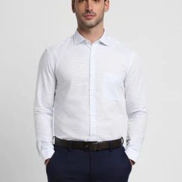 Peter England Elite White Cotton Slim Fit Checks Shirt-image-6
