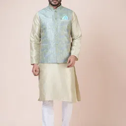 Nawaz's Mandarin Collar Straight Kurta With Trousers And Nehru Jacket-image-25