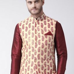 DEYANN Men Cream-Coloured & Maroon Printed Nehru Jacket-37