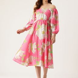 Sleek Italia Floral Print Off-Shoulder Puff Sleeve A-Line Midi Dress-image-18