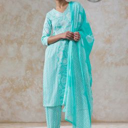 Moara Women Floral Printed Empire Zardozi Pure Cotton Kurta with Salwar & With Dupatta-26