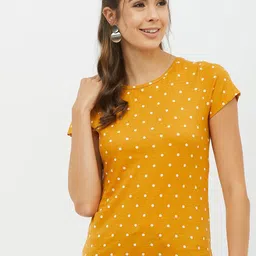 Harpa Women Mustard Printed Round Neck T-shirt-image-55