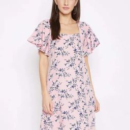 PURYS Pink & Blue Printed A-Line Dress-image-95