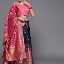 Mitera Navy Blue & Pink Woven Design Semi-Stitched Lehenga & Unstitched Blouse with Dupatta-picture-15