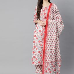 Divena Women White Floral Printed Pure Cotton Kurta with Trousers & Dupatta-33