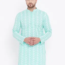VASTRAMAY Men Sea Green Chikankari Embroidered Pure Cotton Kurta-picture-55