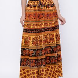 SOUNDARYA Women Mustard Yellow & Black Printed Flared Maxi Pure Cotton Skirt-18