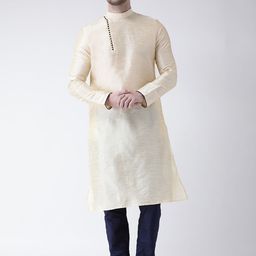 DEYANN Men Cream-Coloured & Navy Blue Woven Design Kurta with Churidar-picture-8