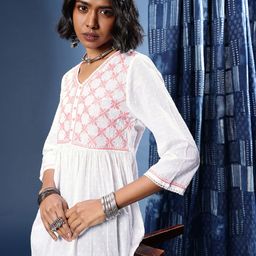 Taavi Chikankari Floral Embroidered V-Neck Pure Cotton Dobby A-Line Kurti-image-74