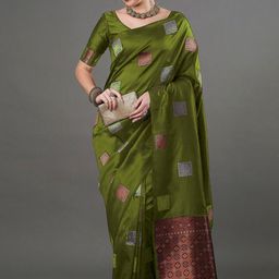 CaniBani Green Silk Blend Banarasi Sarees-image-80