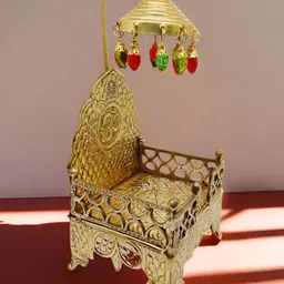 Nyra Kitchenware Gold Toned Pure Brass Large Singhasan With Decorative Chhatri & Beads-image-29