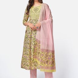 Vbuyz Women Green Floral Printed Kurta with Trousers & With Dupatta-image-10