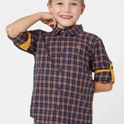 Kate & Oscar Kids Navy & Yellow Cotton Chequered Full Sleeves Shirt-picture-40
