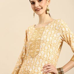 Anouk Women Yellow & White Floral Foil Printed Gotta Patti Kurta-picture-26