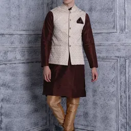 Ethluxis Mandarin Collar Jacquard Dupion Silk Kurta With Churidar & Nehru Jacket-image-18