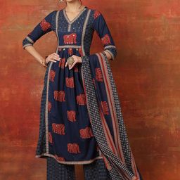 Sangria Printed Pure Cotton V-Neck Anarkali Kurta With Palazzos And Dupatta-picture-48
