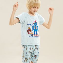 Kookie Kids Half Sleeves Night Suit Robot Print - Blue-16