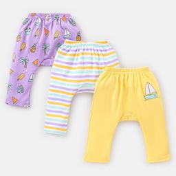 Babyhug Full Length Cotton Diaper Leggings Striped and Candy Print Pack of3 - Purple Yellow-image-36