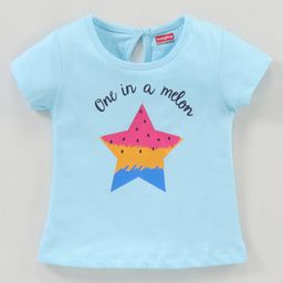 Babyhug 100%Cotton Knit Half Sleeves Top Star Melon Graphic Print - Blue-image-89