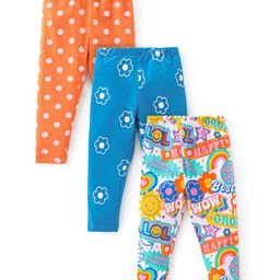 Babyhug Cotton Lycra Knit Full Length Stretchable Leggings Floral Print Pack Of 3 - Multicolor-image-68