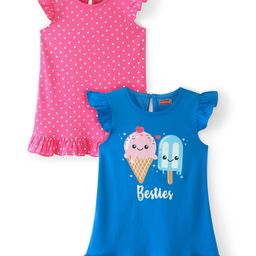 Babyhug Cotton Knit Frill Sleeves Nighty Polka Dot and Ice Cream Print Pack of 2 - Pink & Blue-image-16