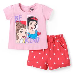 Babyhug Disney Cotton Knit Half Sleeves Night Suit With Disney Princess Print - Pink-image-27