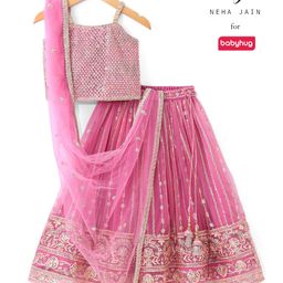 Babyhug Woven Singlet Sleeves Sequined Choli & Lehenga Set with Dupatta with Lace Detailing  - Pink-image-13