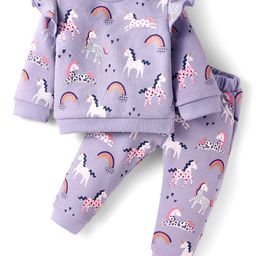 ToffyHouse Fleece Knit Full Sleeves Winter Wear Top & Lounge Pant Set with Unicorn Print - Lilac-picture-9