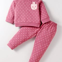 ToffyHouse Fleece Knit Full Sleeves Winter Wear Top & Lounge Pant Set With Polka Dot Print & Animal Pocket Applique - Rose Gold-image-34