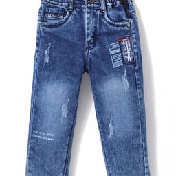 Olio Kids Denim Woven Full Length Jeans With Text Print & Distressed Detailing - Deep Blue-image-54